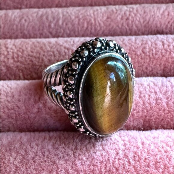 Tigers Eye Sterling Silver Oval Ring With Ornate Band & Beaded Detailing Size 6 - Picture 8 of 16